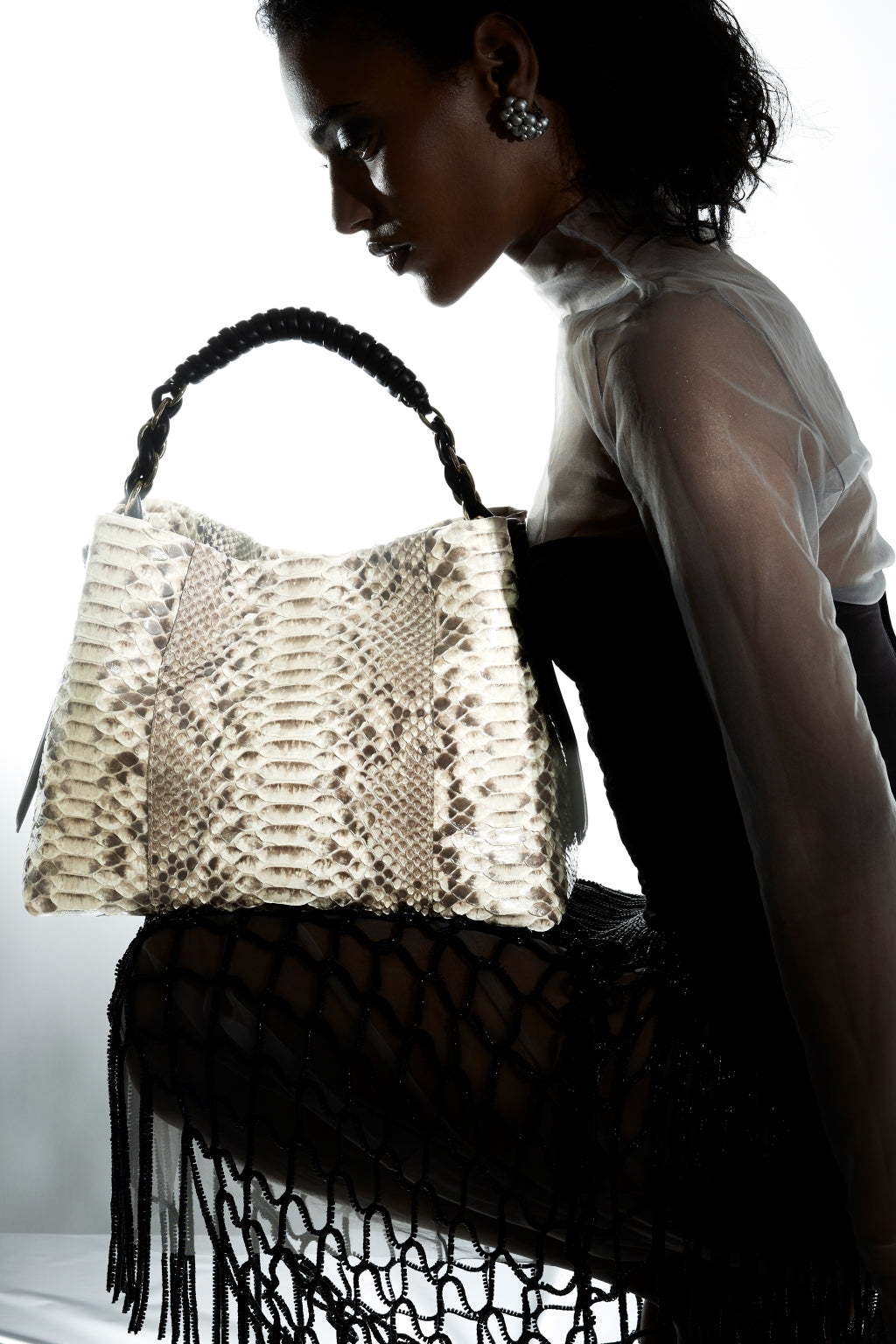 Amina Python large handbag and calfskin trim with wrapped tubular handle and detachable shoulder strap