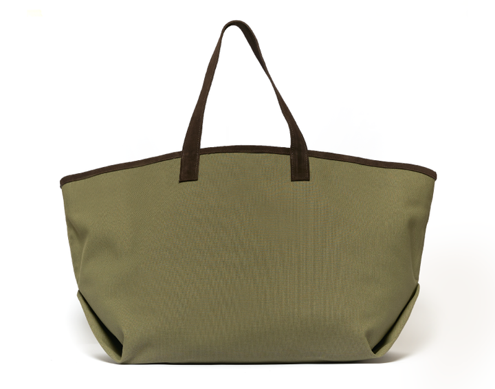 Olive green tote bag with brown handles against white background