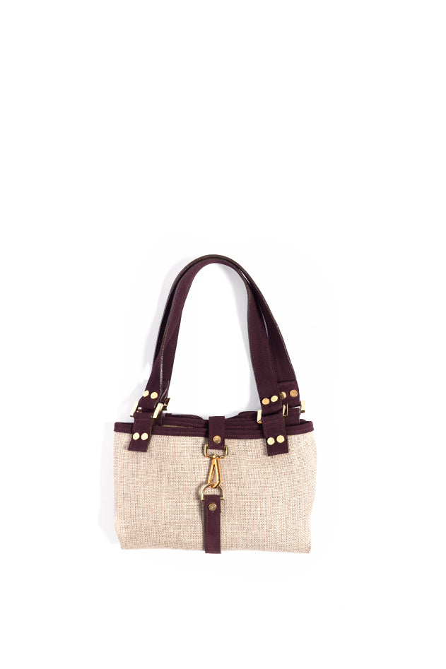 Beige and brown leather handbag with gold accents on handles and clasp