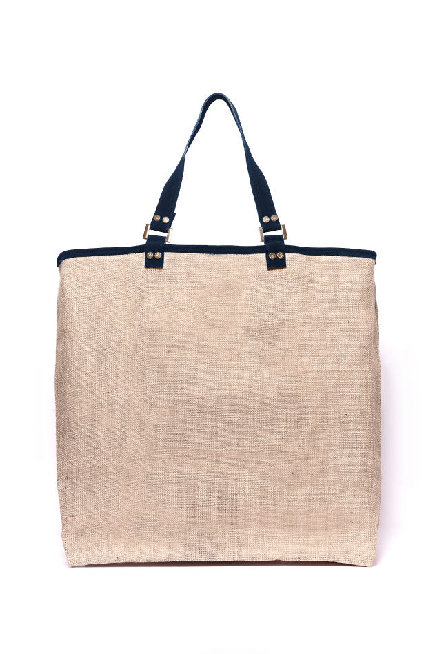 Eco-friendly beige jute tote bag with black handles