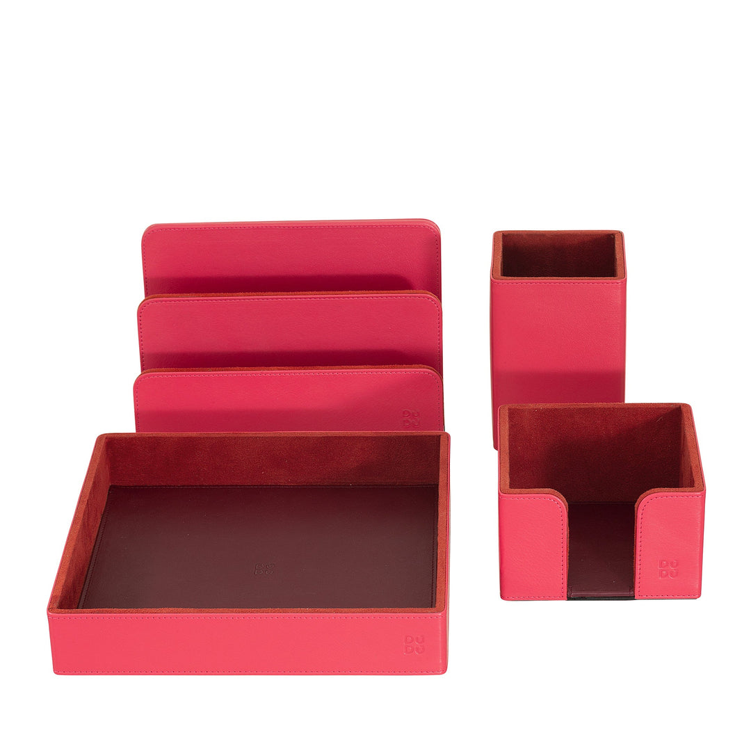 Red leather office desk organizers set with trays and holders