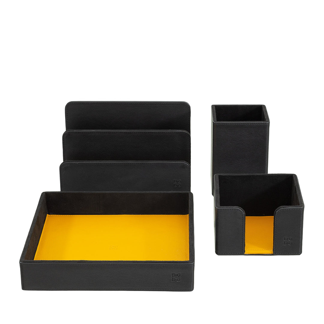 Black and yellow leather desk organizer set with letter tray and pen holder