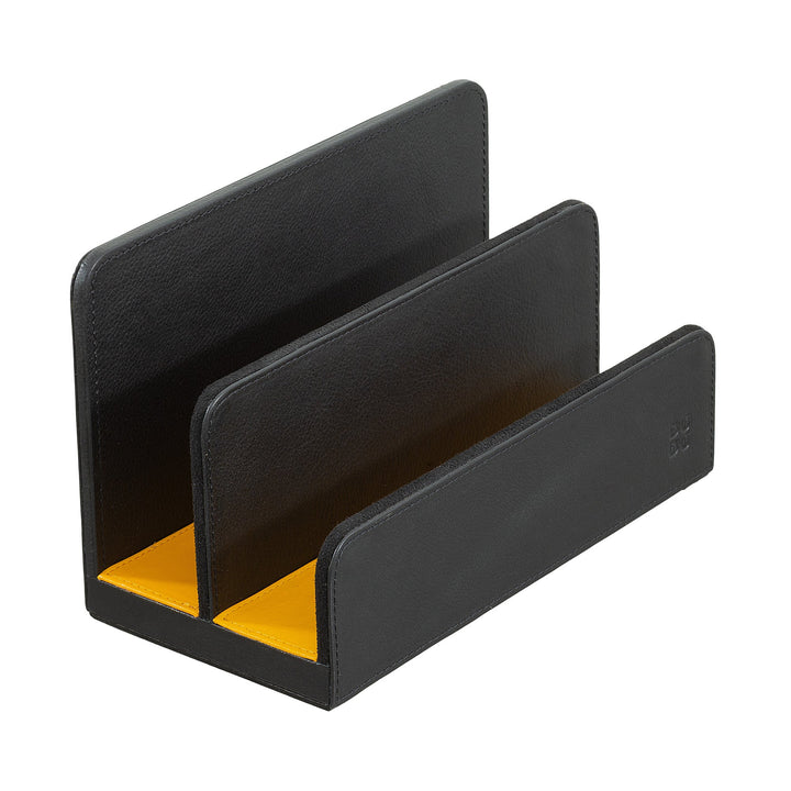 Black leather desk organizer with three compartments and yellow interior