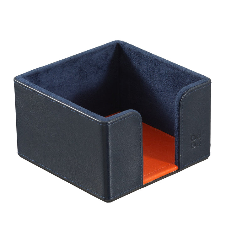 Leather square desk organizer with blue exterior and orange interior