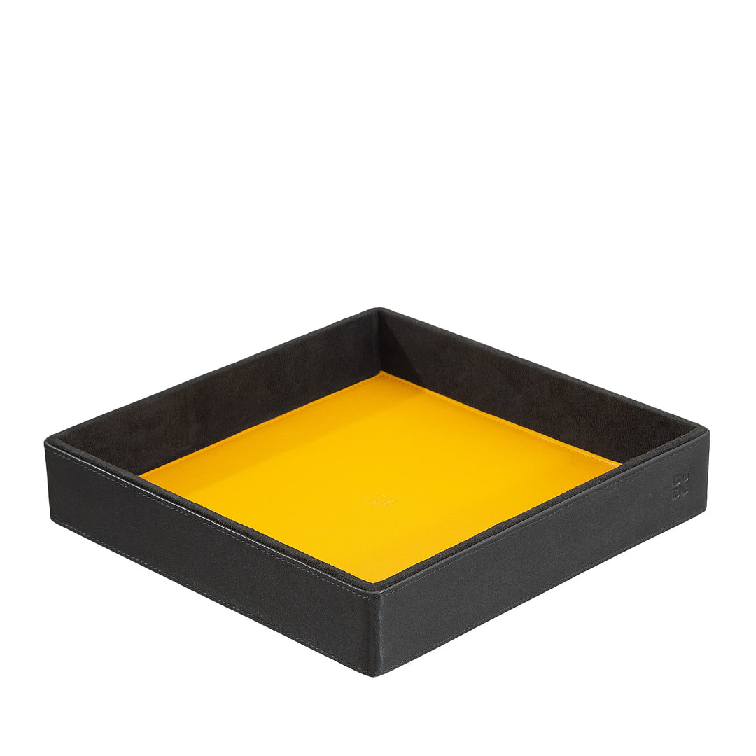 Black leather dice tray with yellow interior