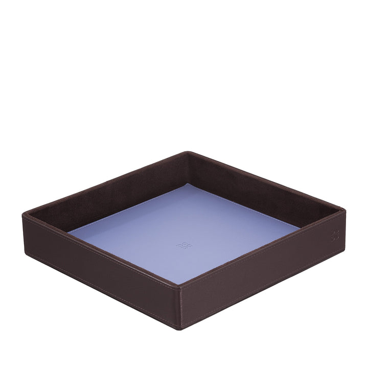 Brown leather valet tray with purple interior