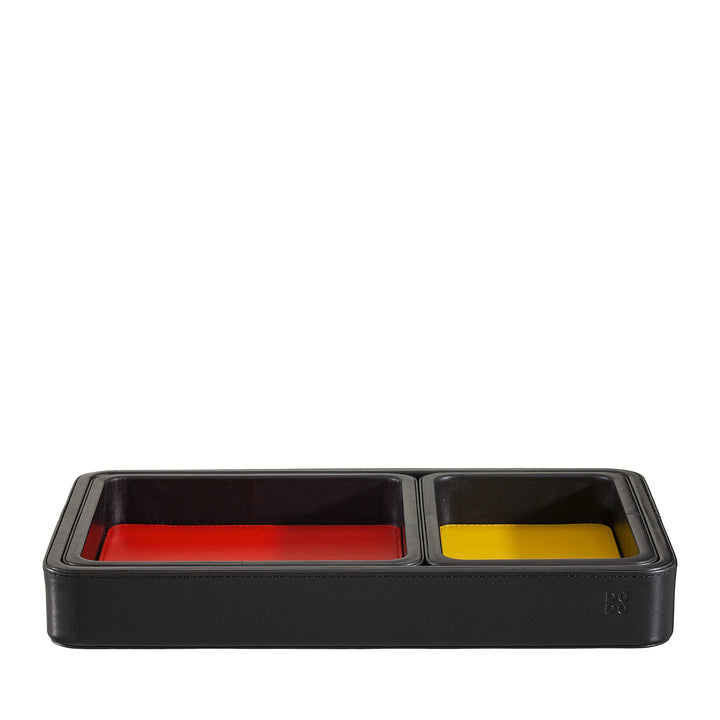 Elegant black leather valet tray with red and yellow compartments