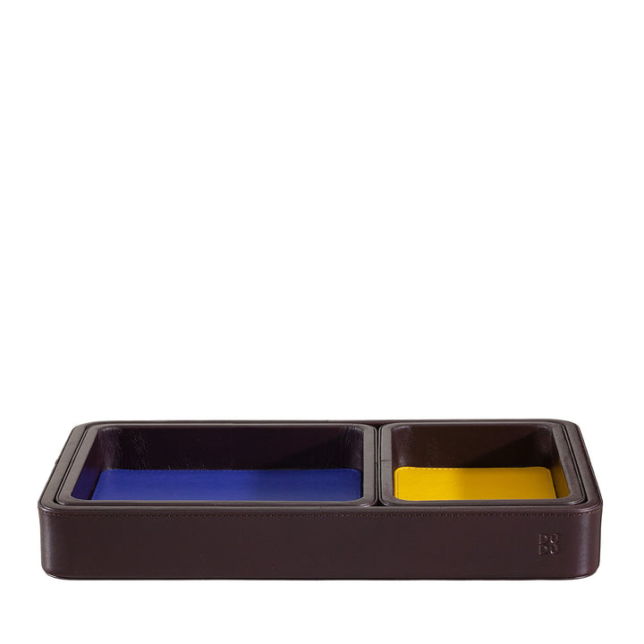 Luxury leather desk organizer with blue and yellow compartments