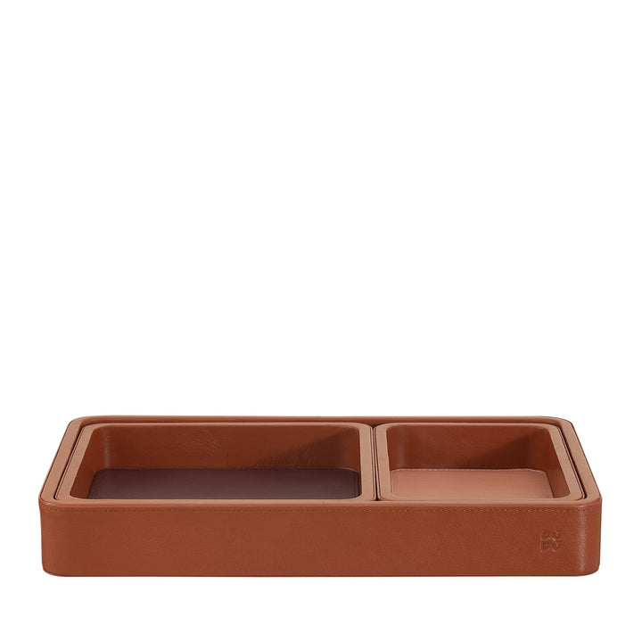 Brown leather valet tray with dual compartments