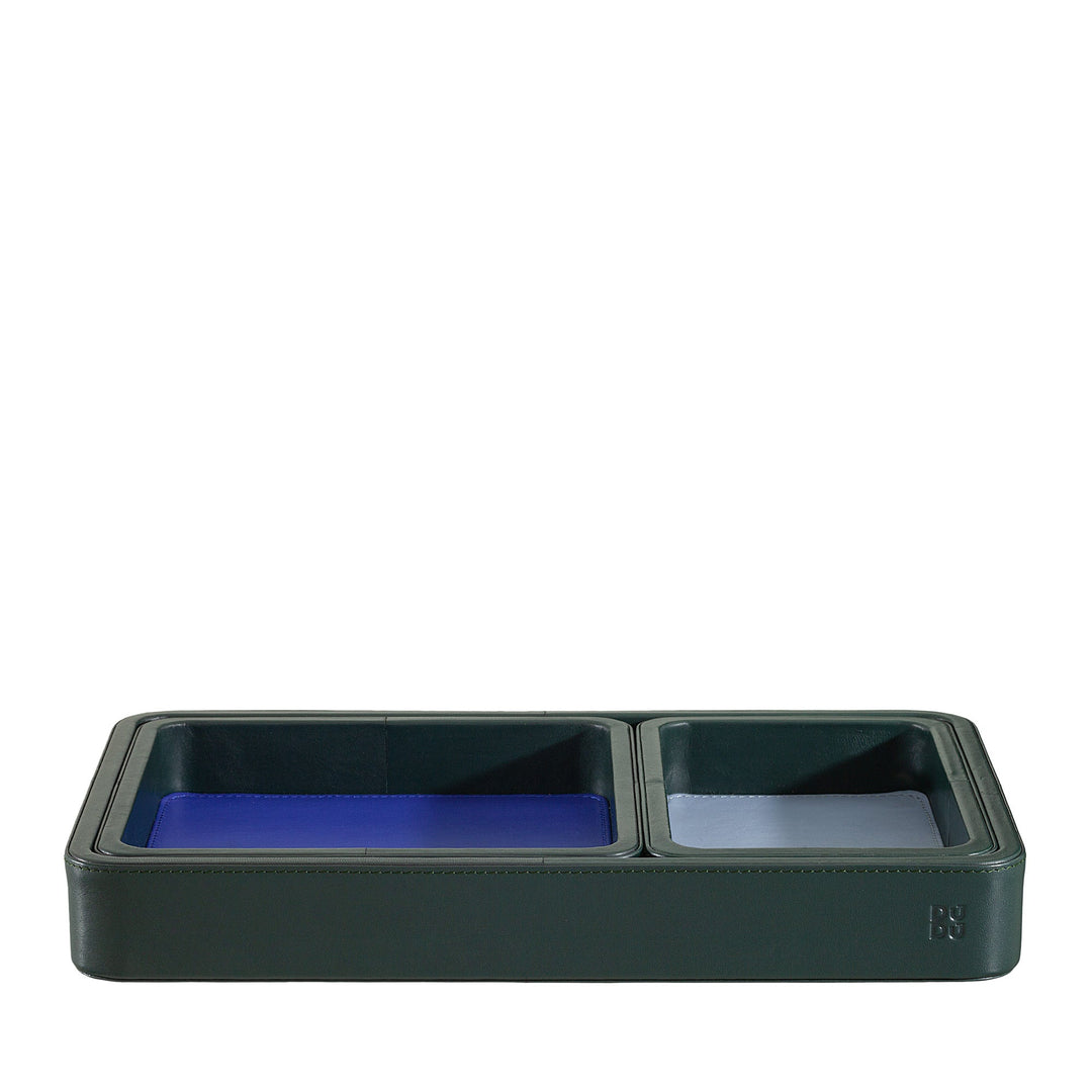Dual compartment black leather valet tray with blue and gray interior