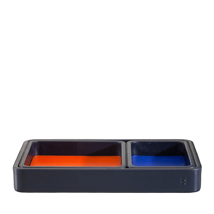 Dual-compartment leather valet tray with orange and blue interior sections