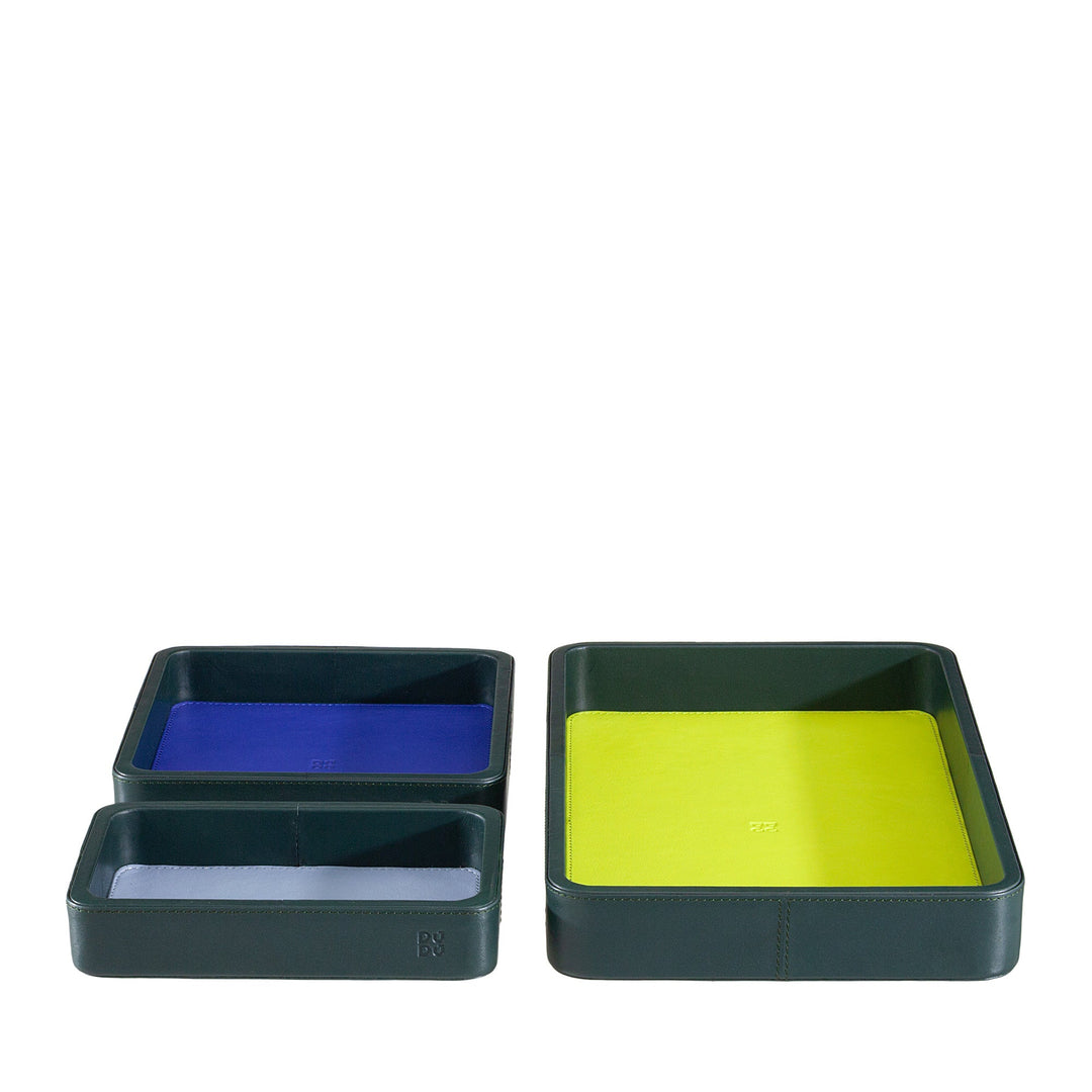 Colorful square and rectangular leather trays for organizing items