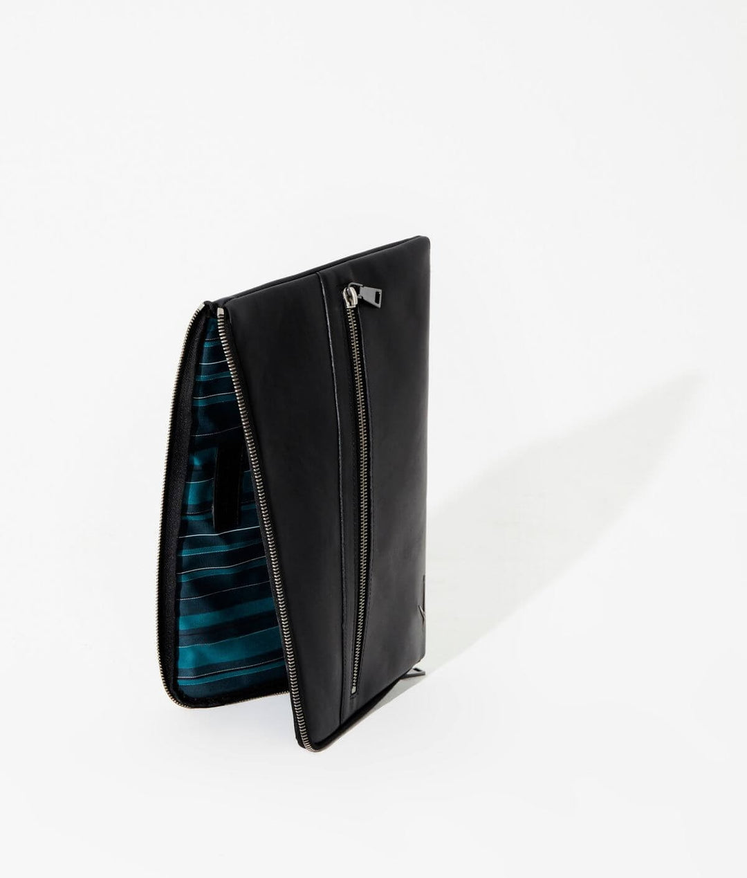 Slim black leather wallet with zipper pockets and blue striped interior