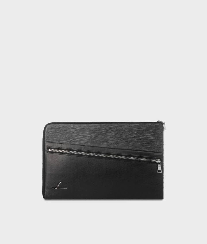 Stylish black leather zippered portfolio case against white background