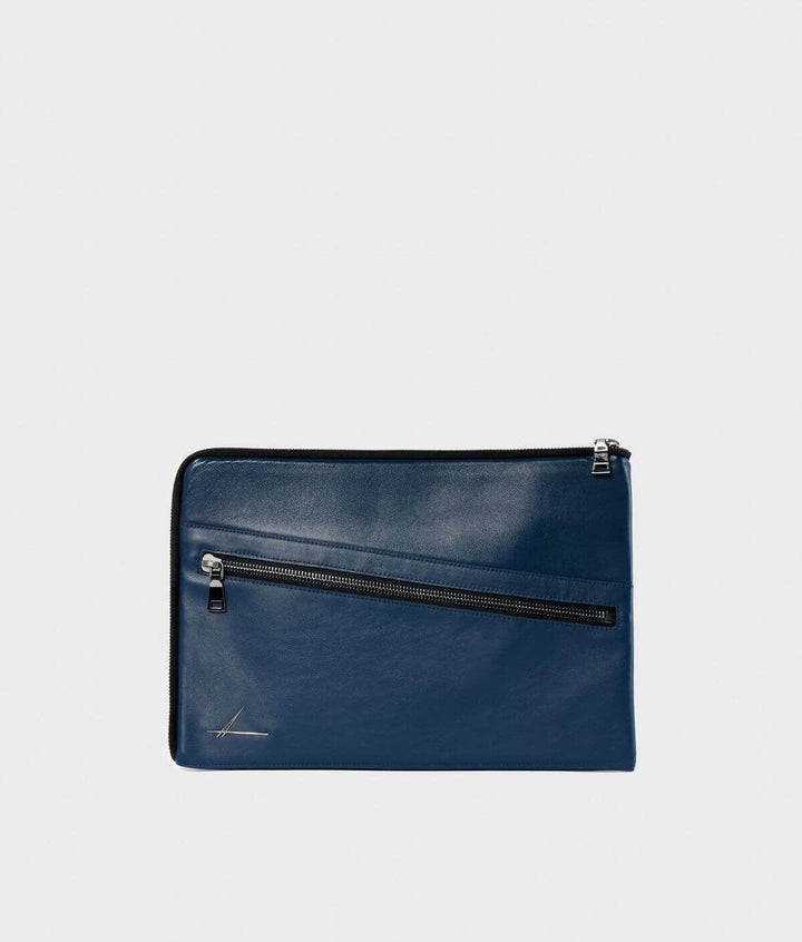 Elegant navy blue leather clutch with angled zipper pocket