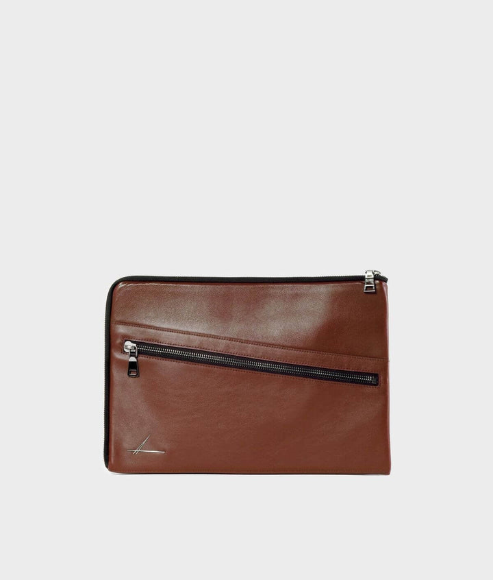 Brown leather zipper clutch bag with sleek design