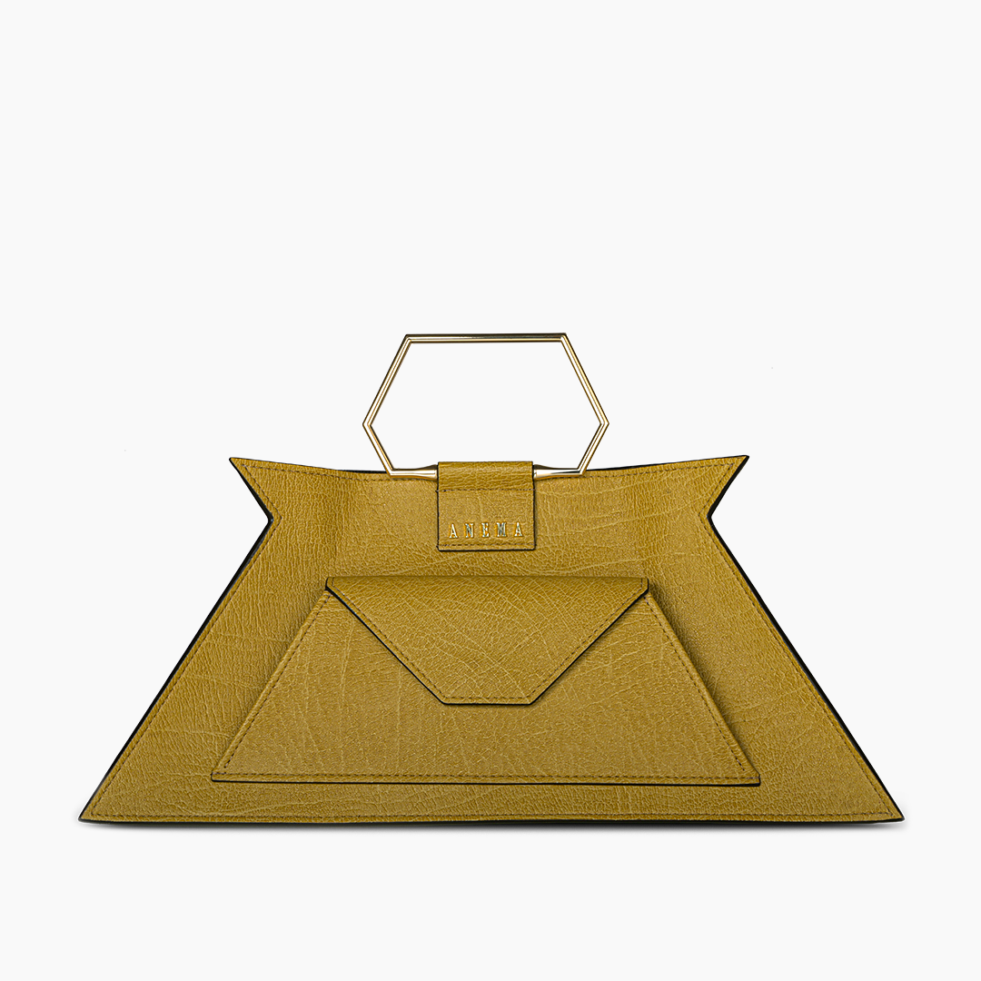 Geometric mustard yellow handbag with structured handle and front pocket