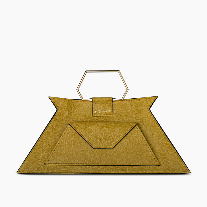 Geometric mustard yellow handbag with structured handle and front pocket