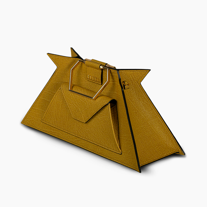 Modern triangular mustard yellow handbag with geometric design and gold handle