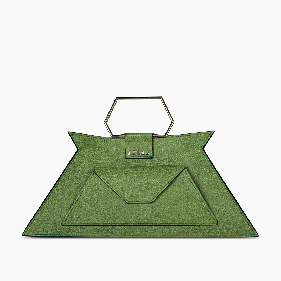 Green geometric handbag with metallic hexagonal handle