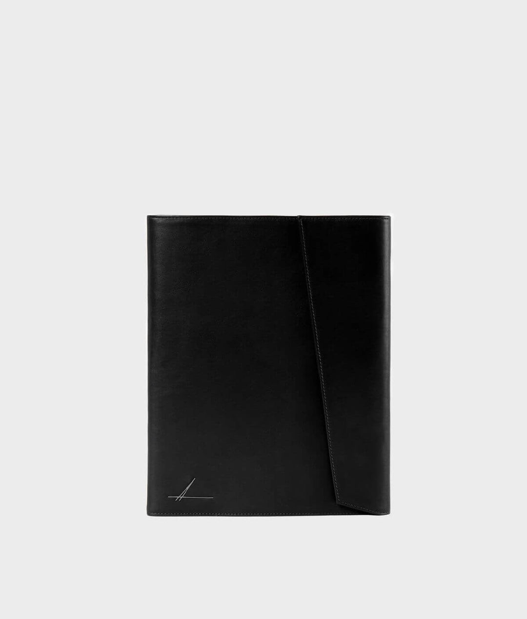 Black leather portfolio folder against a gray background