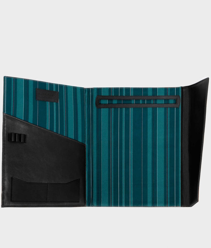 Open black and teal striped document holder with various compartments