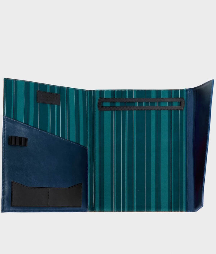 Open blue and green striped leather portfolio with multiple compartments