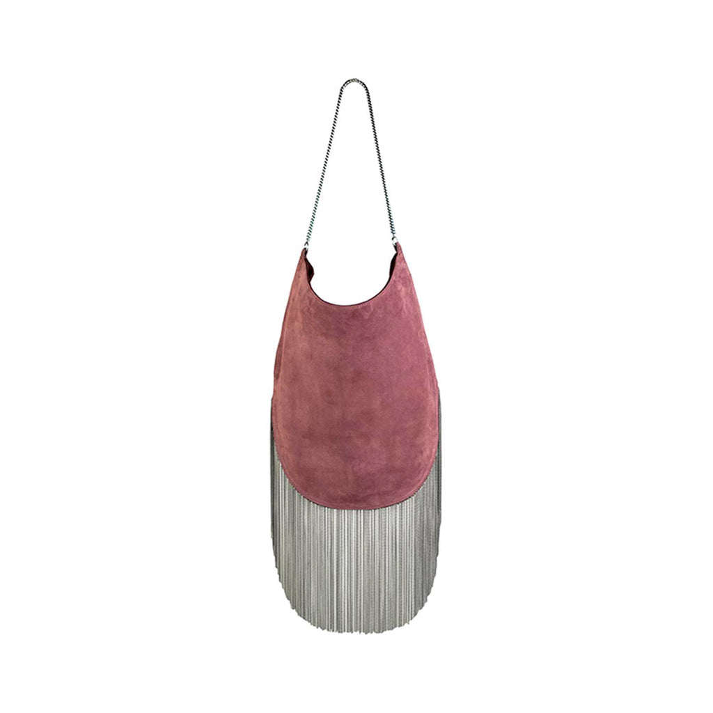 Pink suede fringe handbag with chain strap