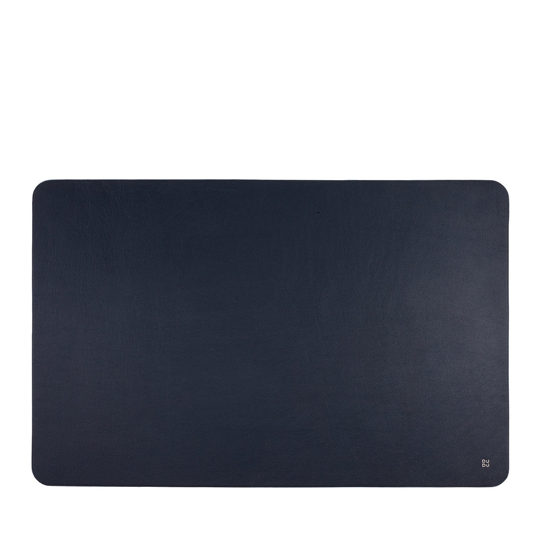 Dark navy blue leather desk pad with rounded corners