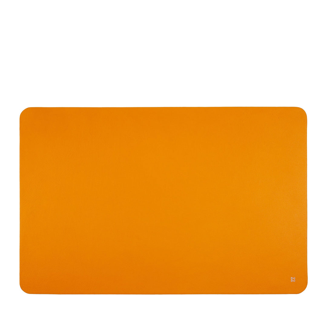 Rectangular orange leather desk pad with rounded corners