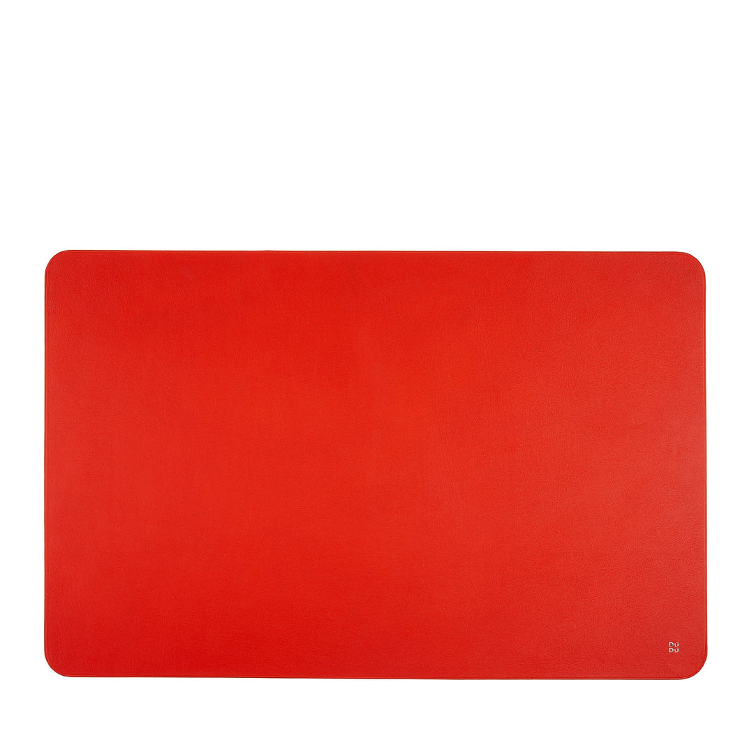 Bright red rectangular leather desk mat with rounded corners