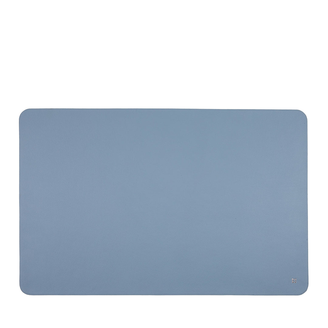 Light blue leather desk pad with rounded corners