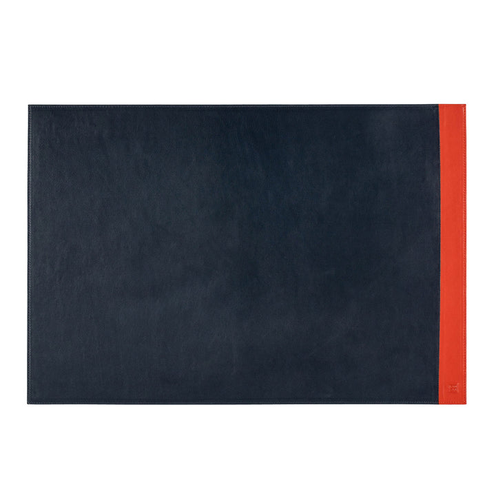 Elegant black leather placemat with red accent stripe against white background