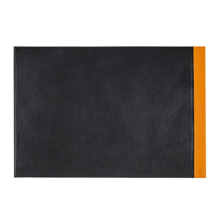 Black leather desk pad with an orange accent strip on the right side