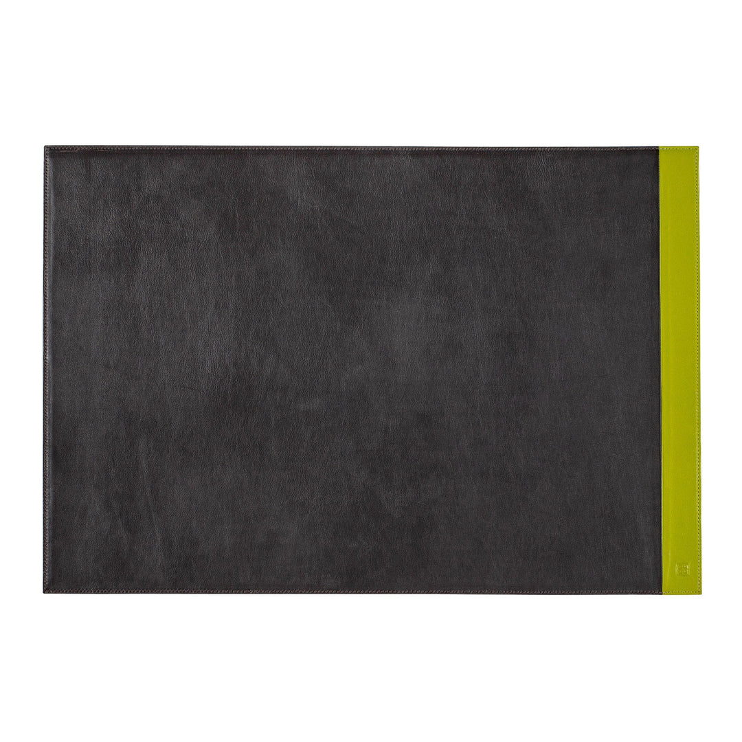 Black leather desk pad with green accent stripe on the right side