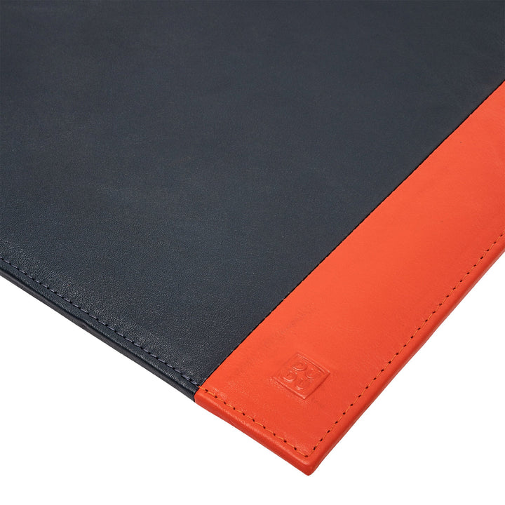 Elegant black and orange leather placemat with embossed logo