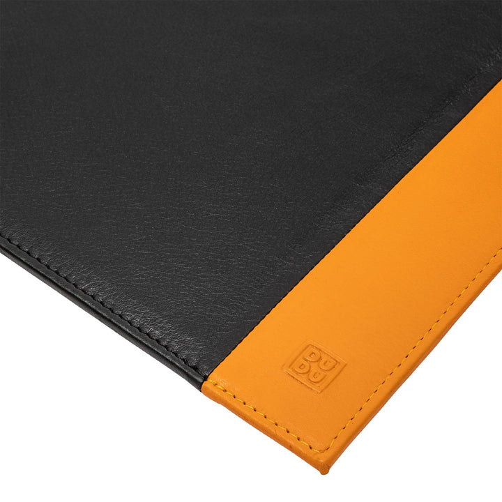 Black and orange leather portfolio with embossed logo