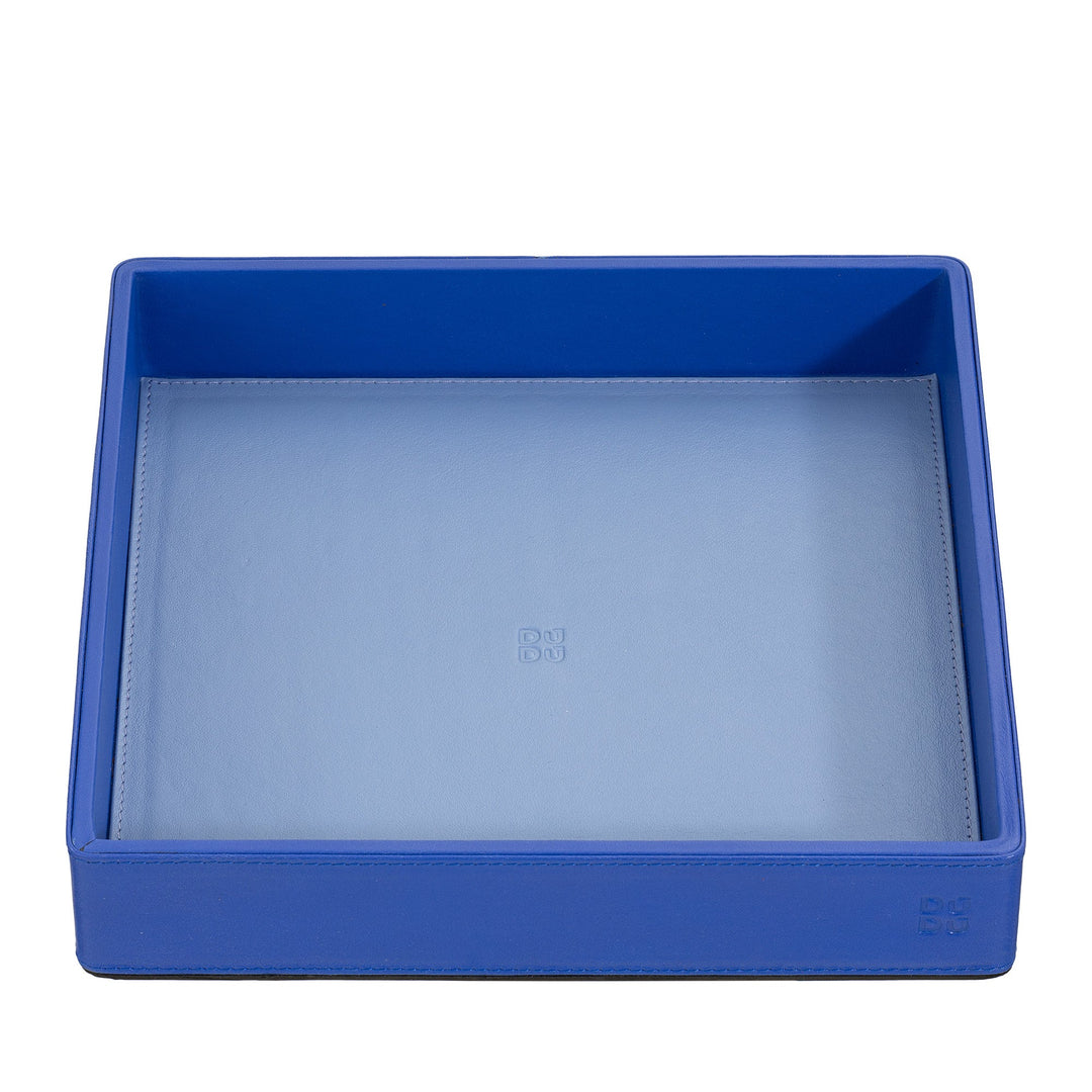 Blue leather square tray with embossed logo