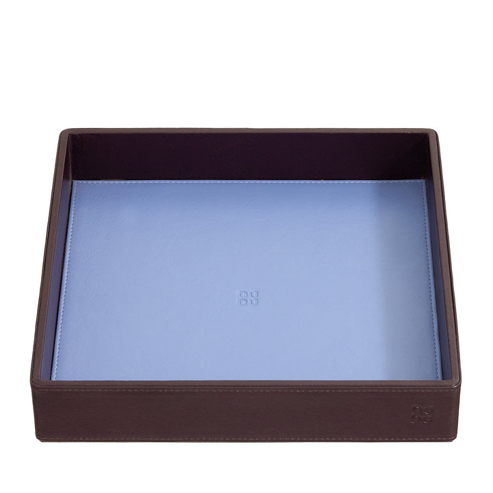 Dark brown leather tray with light blue interior