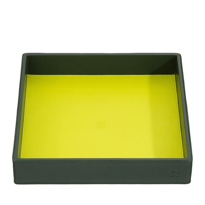 Green and yellow leather valet tray for organizing items