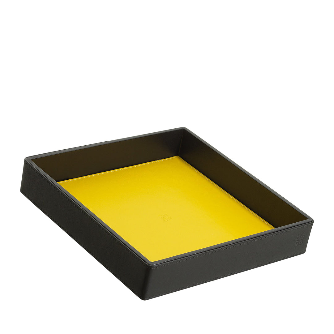 Black leather document tray with yellow interior