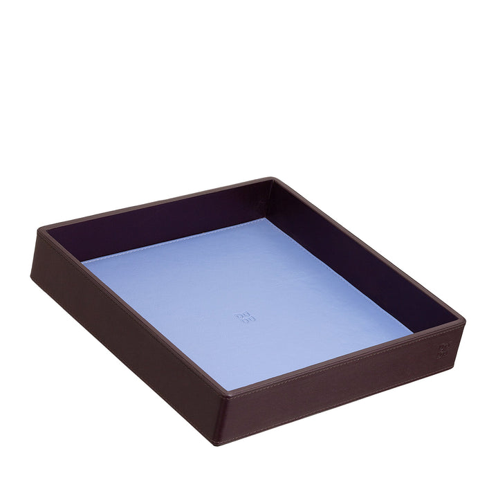 Dark brown square leather tray with light blue interior