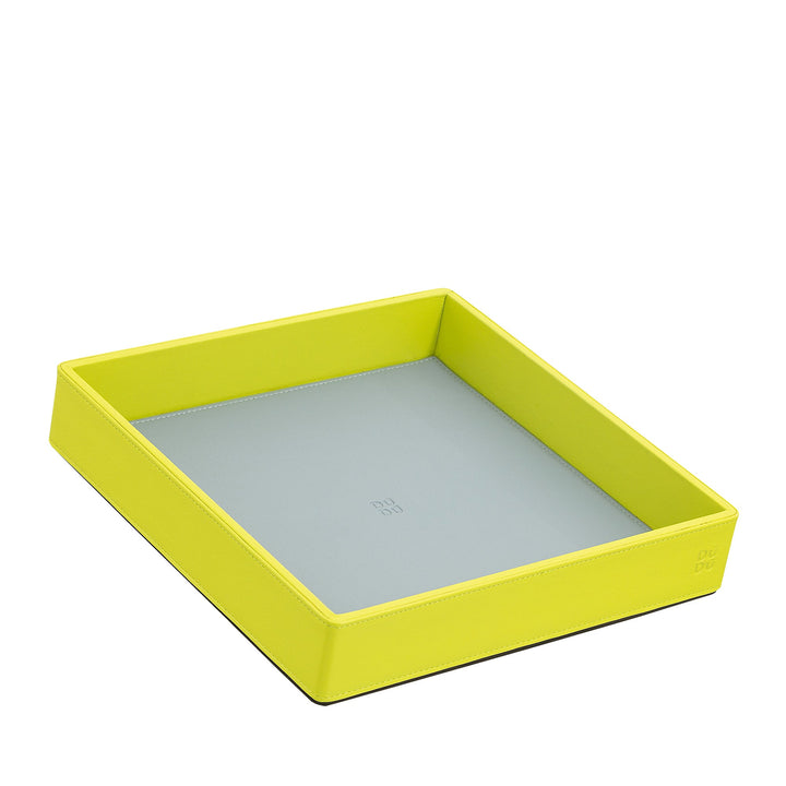 Lime green rectangular leather tray with light grey interior