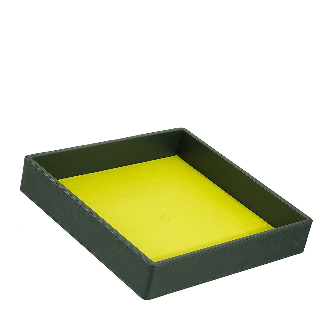 Rectangular dark green tray with a yellow interior