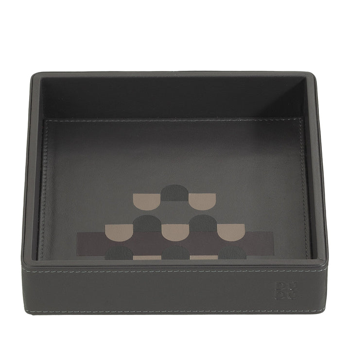 Black leather tray with modern geometric design and detailed stitching