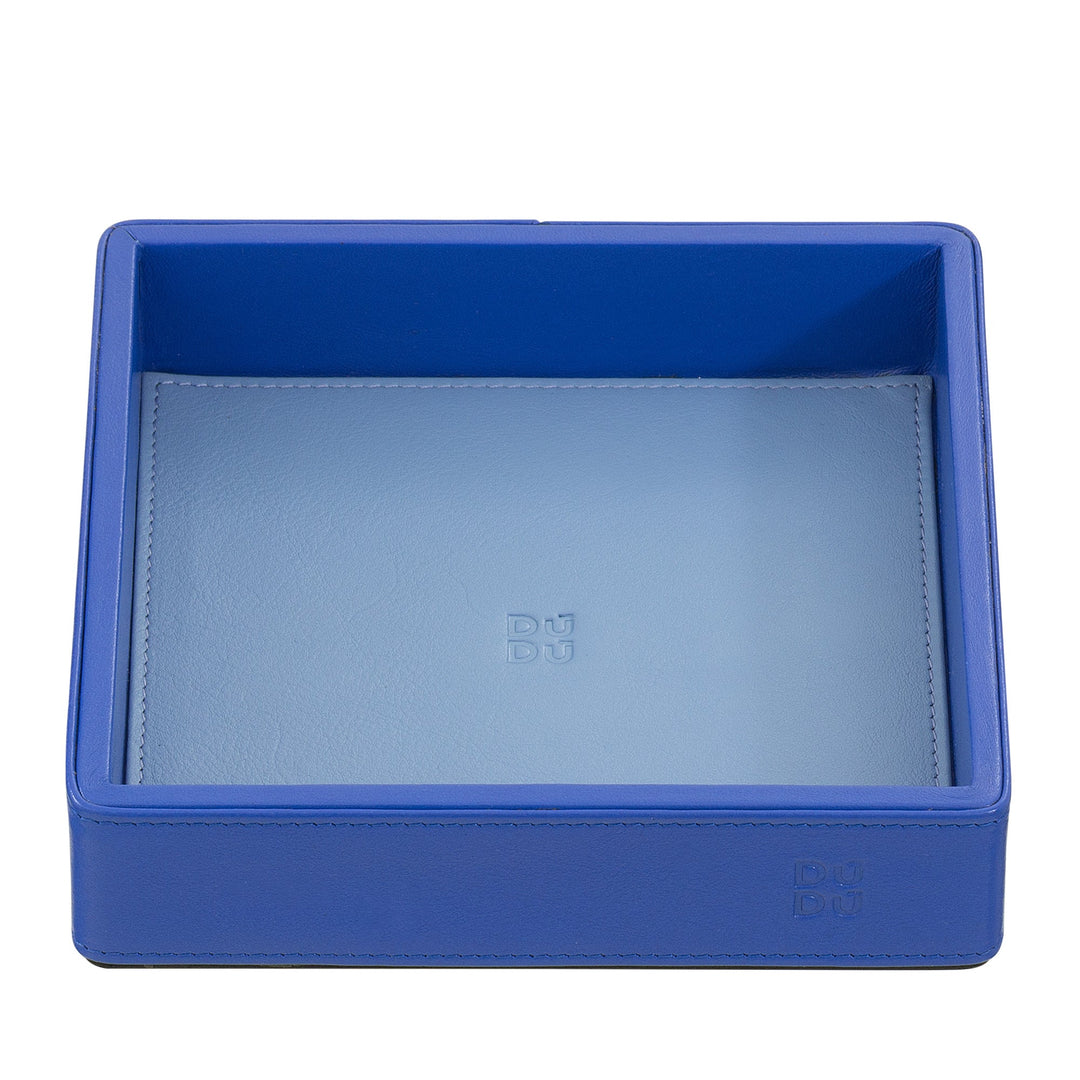 Blue leather valet tray with DuDu logo embossed on the base