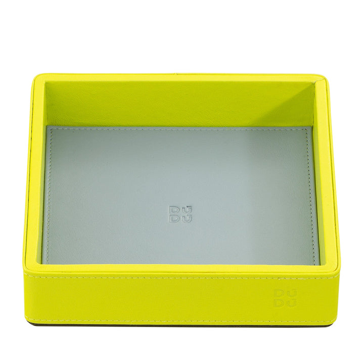 Yellow leather tray with light blue interior and embossed DU DU logo at the base