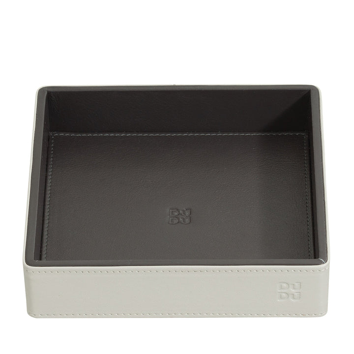 Square black and white leather valet tray with embossed logo