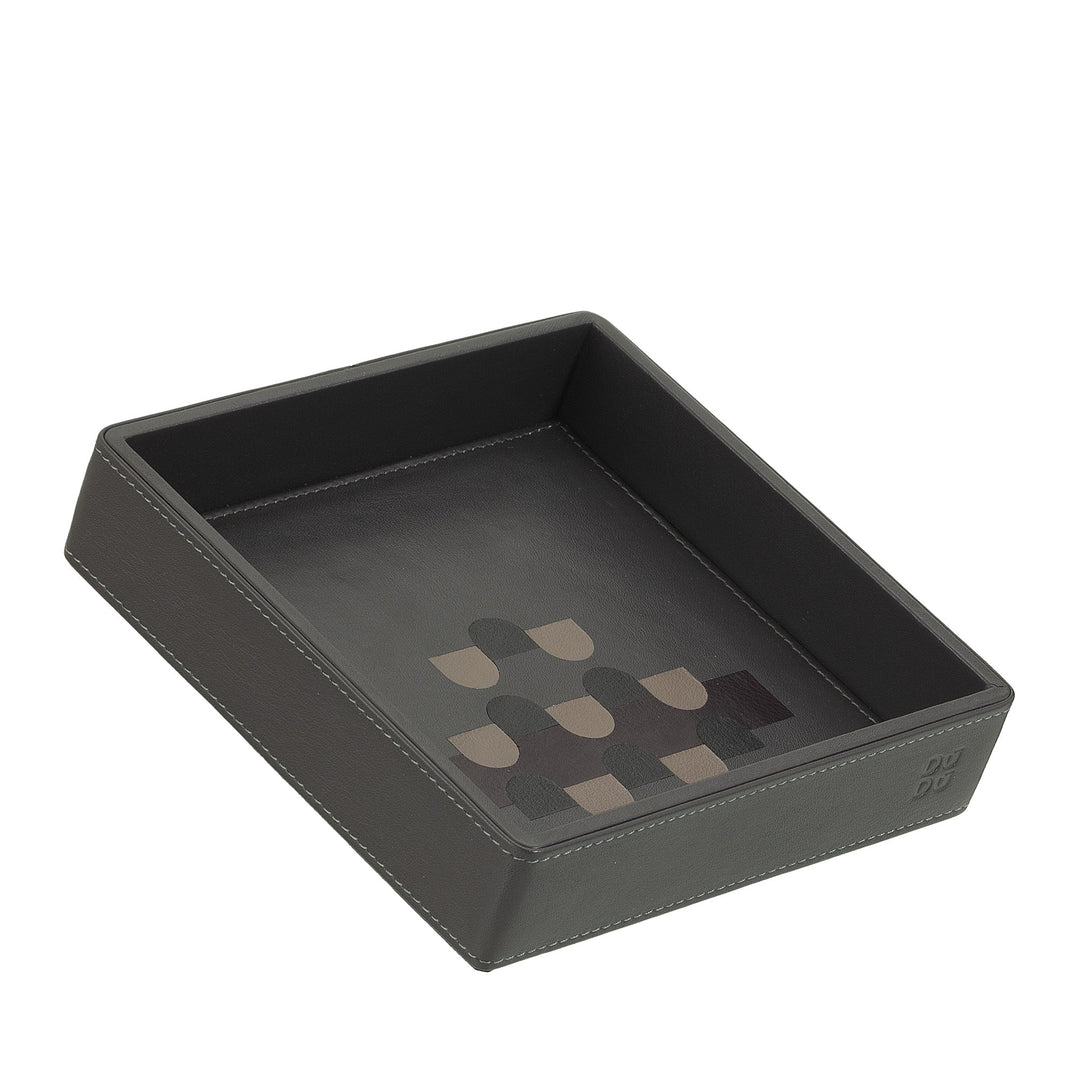 Black leather rectangular valet tray with geometric design
