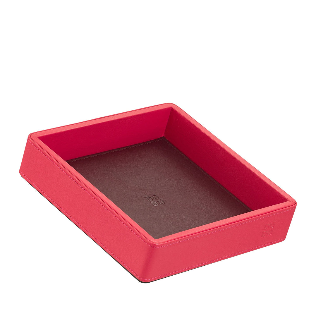 Red leather rectangular tray with dark brown interior